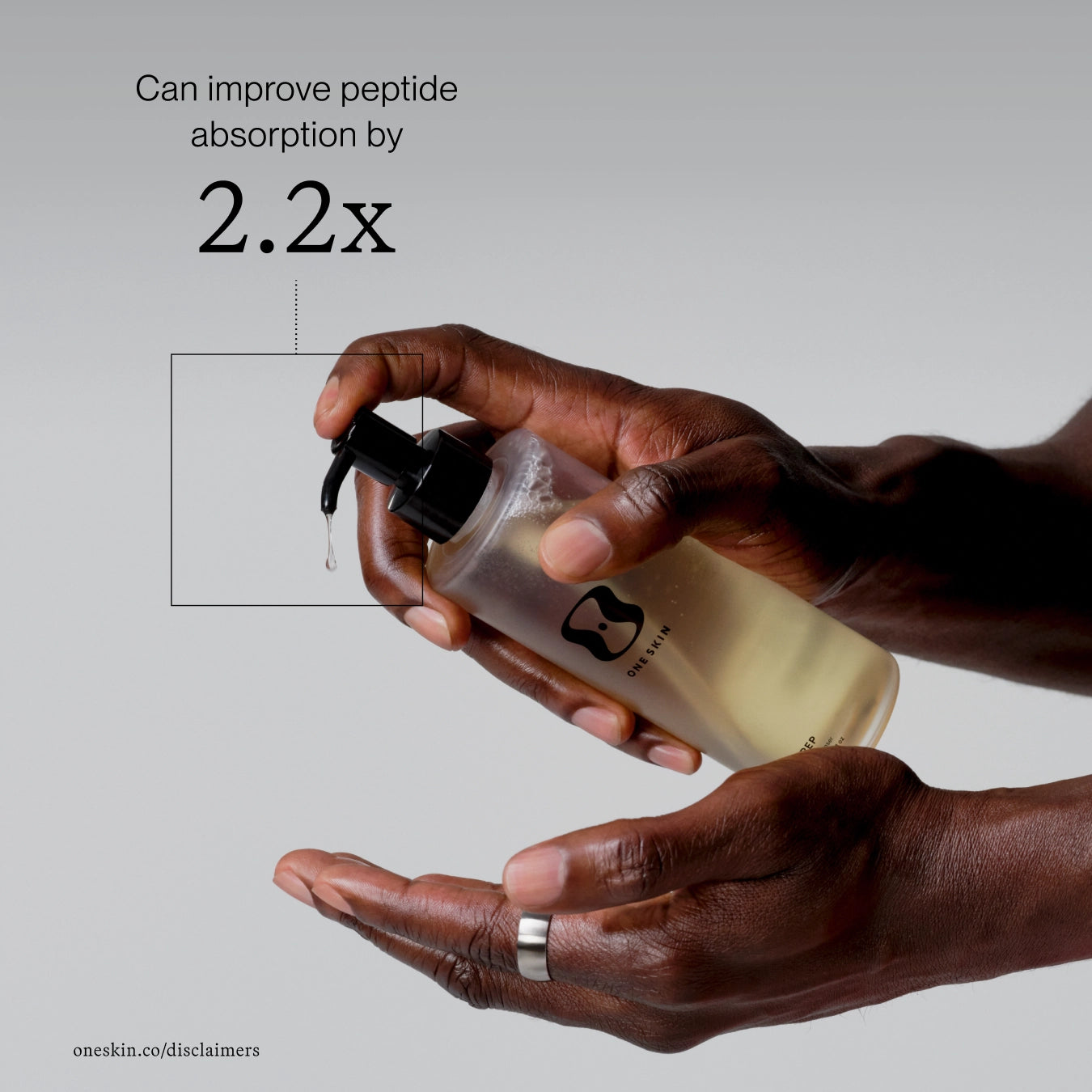 A person's hands holding a clear pump bottle containing a pale yellow liquid, with text on a light gray background stating 'Can improve peptide absorption by 2.2x'.