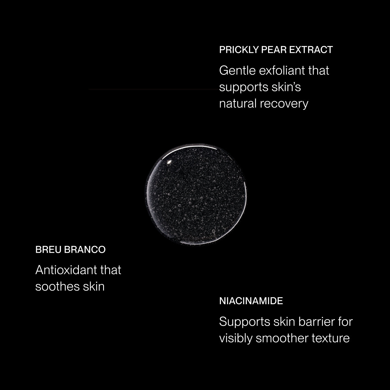 A black cosmetic jar or bottle with a clear circular lid showing a dark speckled cream inside, centered on a black background with white text labels reading PRICKLY PEAR EXTRACT, BREU BRANCO, and NIACINAMIDE.