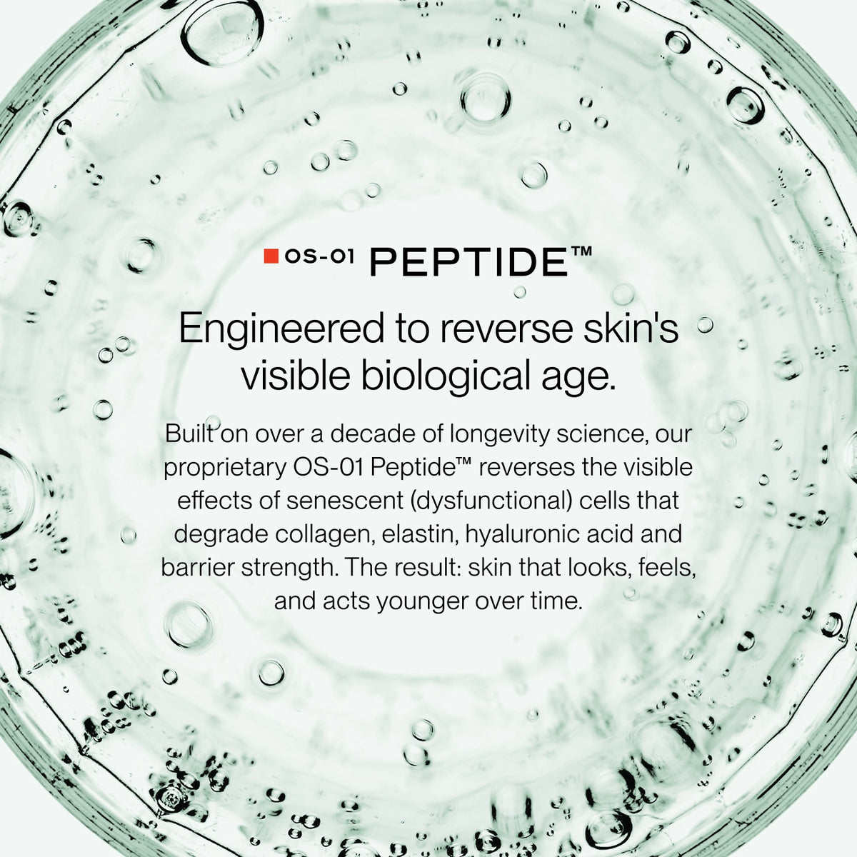 A close-up of a clear circular container filled with transparent gel or serum, with text reading 'OS-01 PEPTIDE' and descriptive copy about reversing skin's visible biological age.