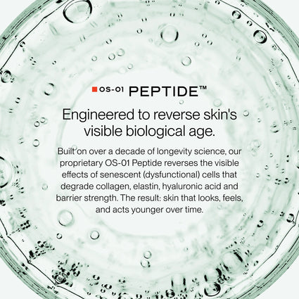 A close-up of a clear circular container filled with transparent gel or serum, with text reading 'OS-01 PEPTIDE' and descriptive copy about reversing skin's visible biological age.