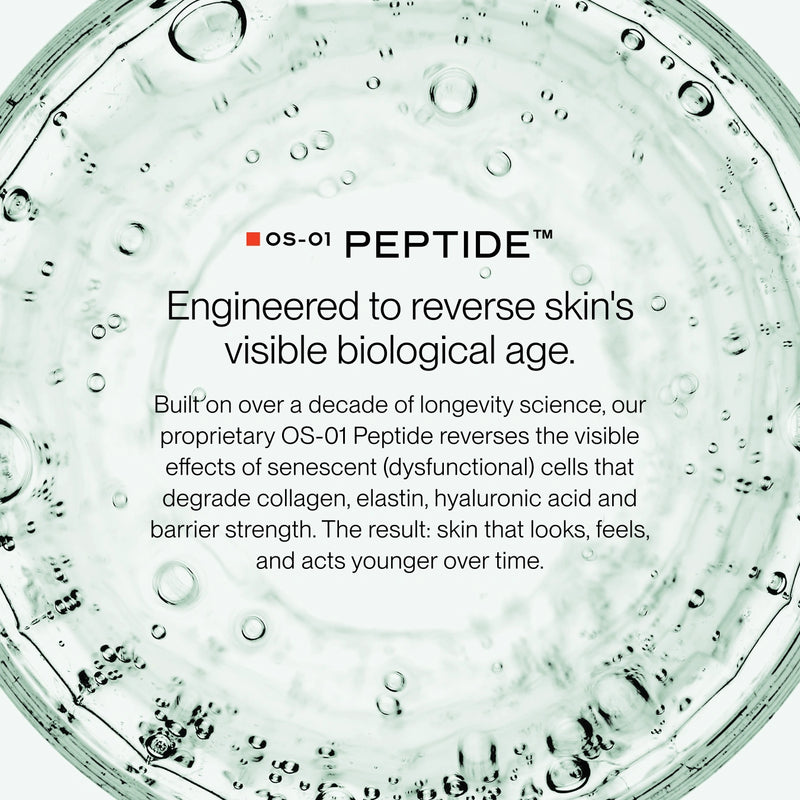 A close-up of a clear circular container filled with transparent gel or serum, with text reading 'OS-01 PEPTIDE' and descriptive copy about reversing skin's visible biological age.
