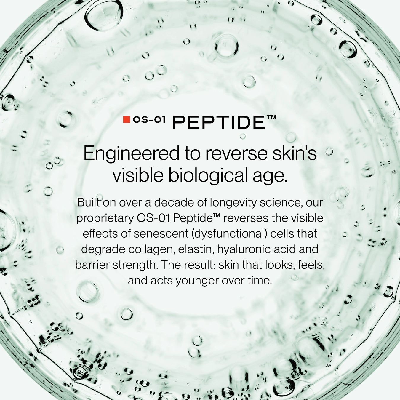 A close-up of a clear circular container filled with transparent gel or serum, with text reading 'OS-01 PEPTIDE' and descriptive copy about reversing skin's visible biological age.