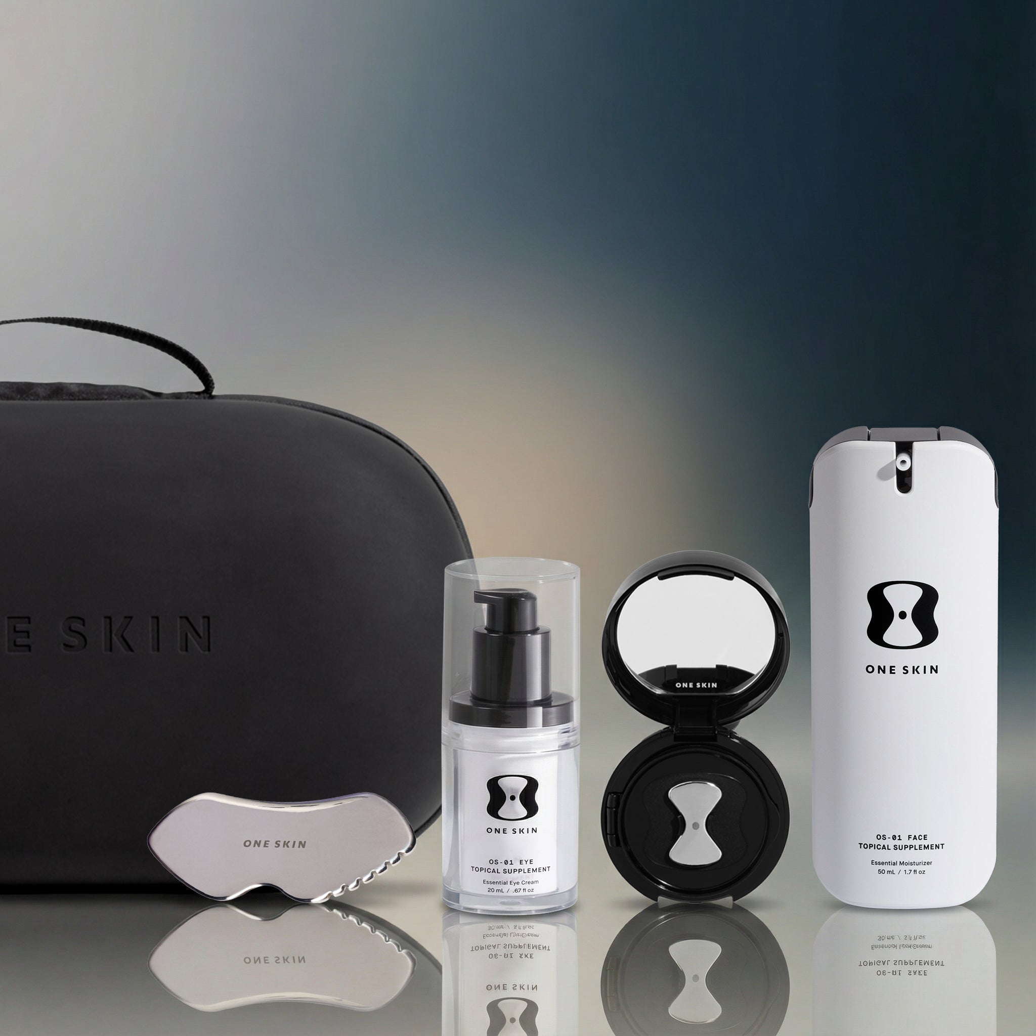 Skincare product set with 'ONESKIN' branding on a gradient background