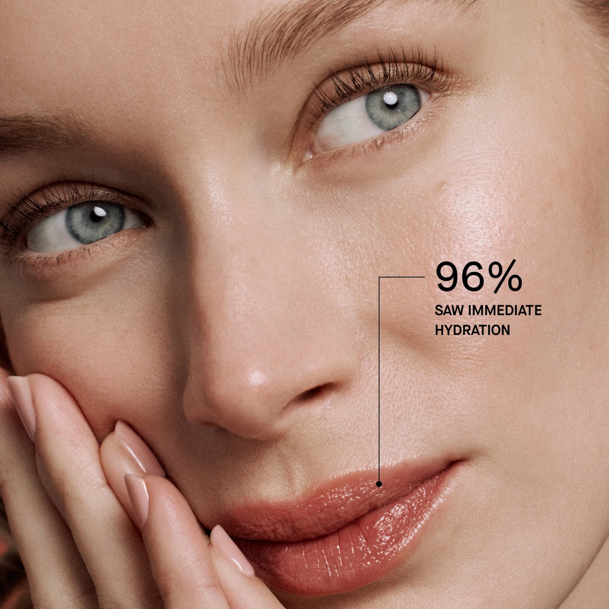 Close-up of a person's face with a focus on the lips, showing immediate hydration with text overlay.