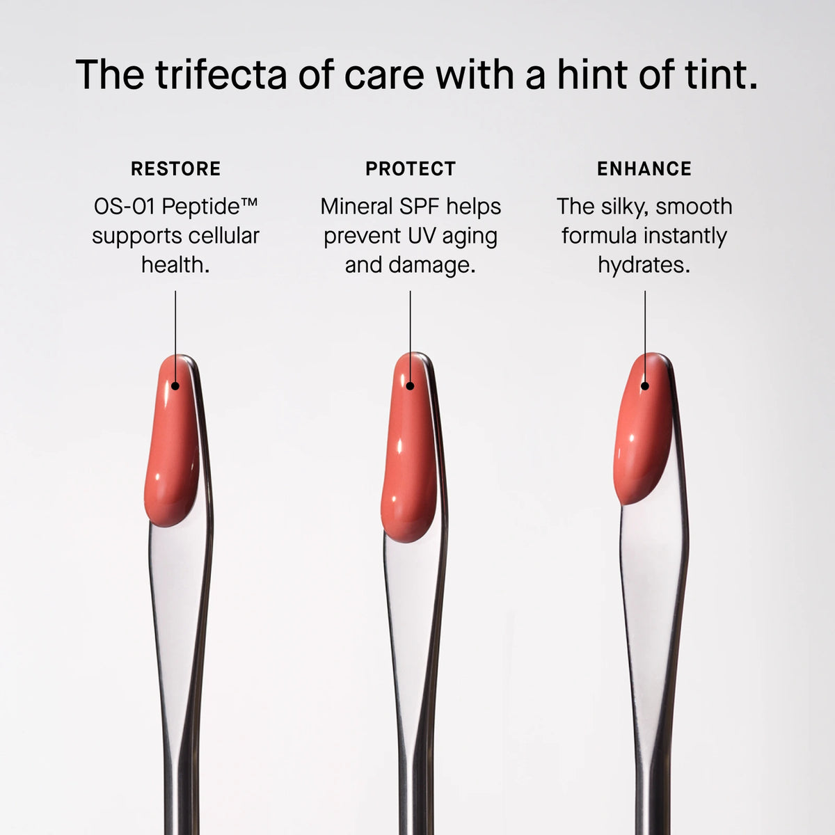 Three cosmetic applicators with text describing their functions on a white background