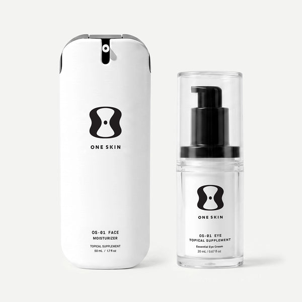 One Skin eye cream bottle and packaging on a beige background