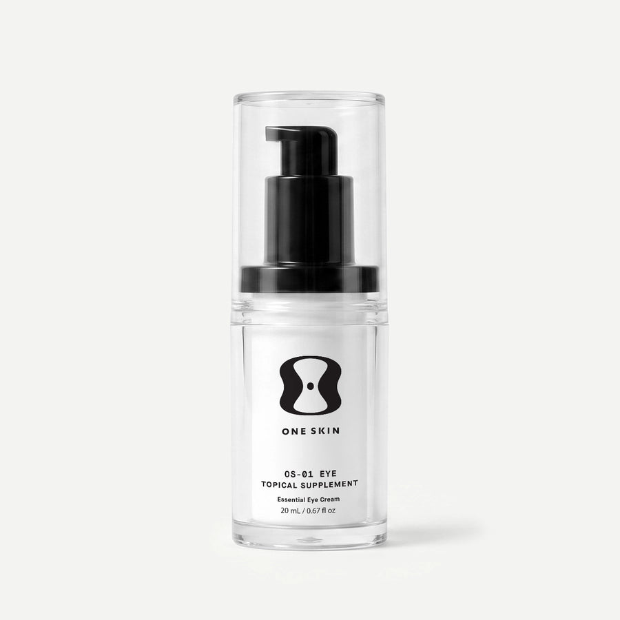 Clear bottle with black pump and 'One Skin' label on a light beige background