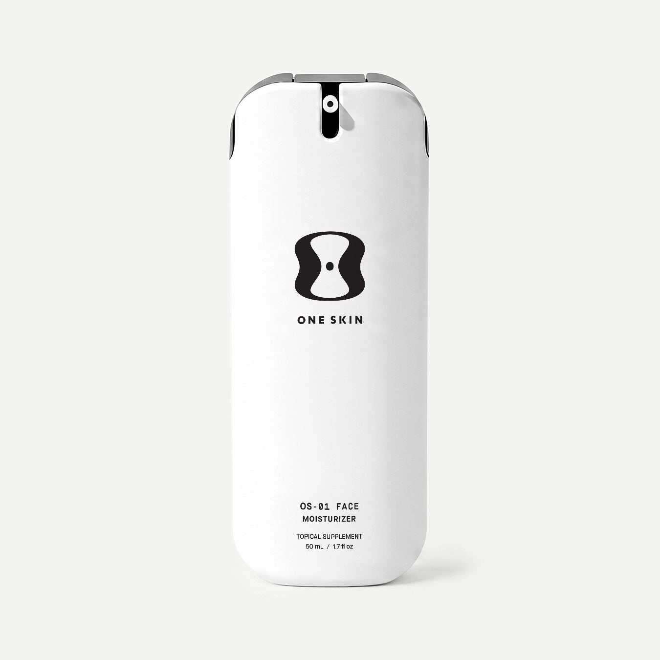 Skincare bottle labeled 'One Skin' on a beige background