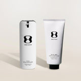 Two skincare products from the brand 'ONE SKIN' on a light beige background.