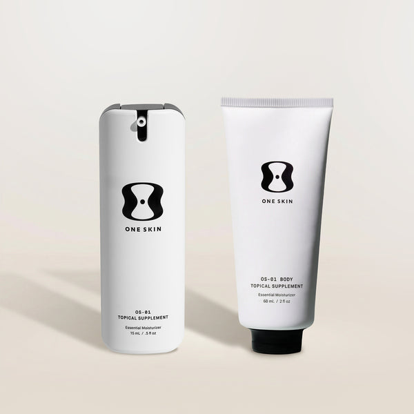 Two skincare products from the brand 'ONE SKIN' on a light beige background.