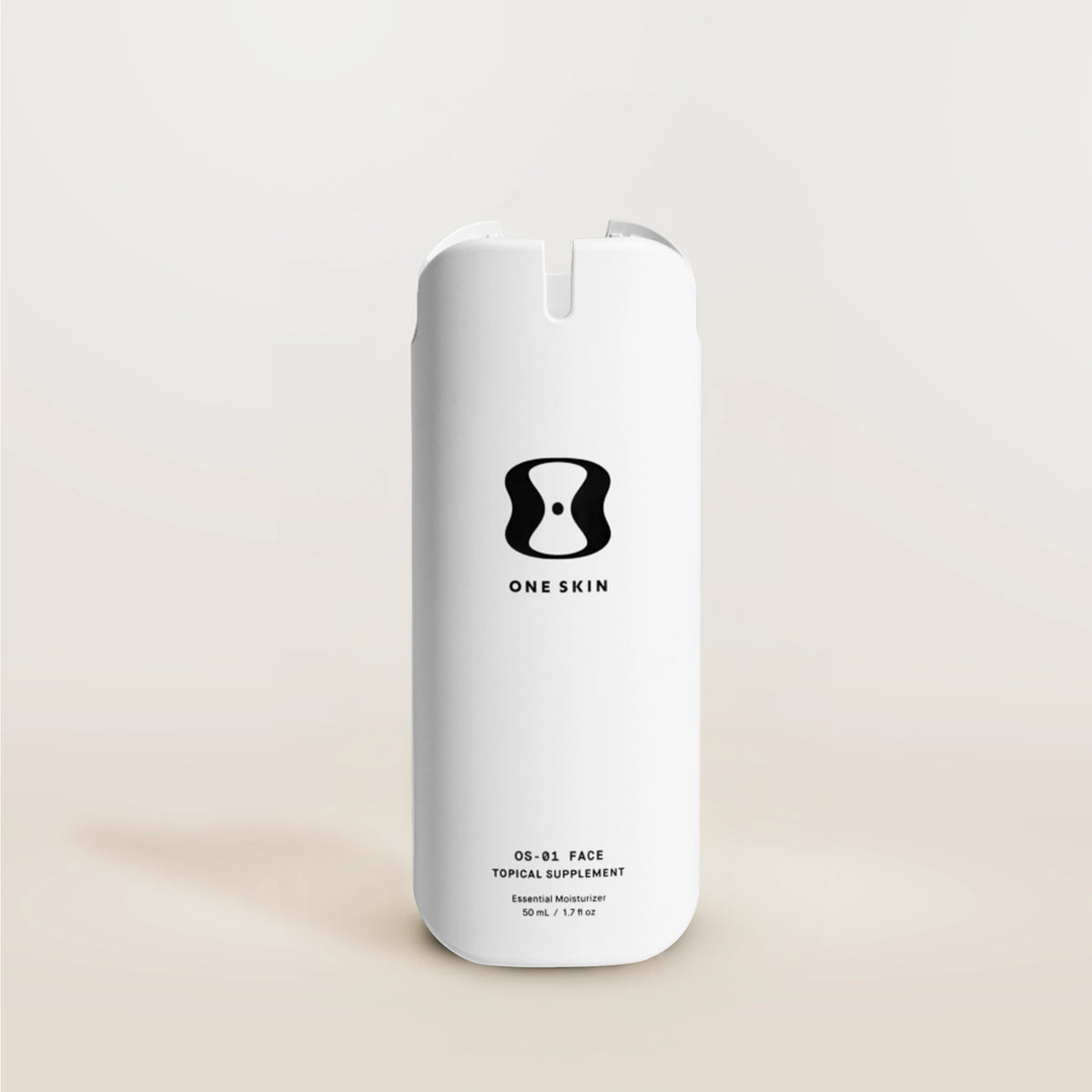 White supplement bottle labeled 'One Skin' on a beige background