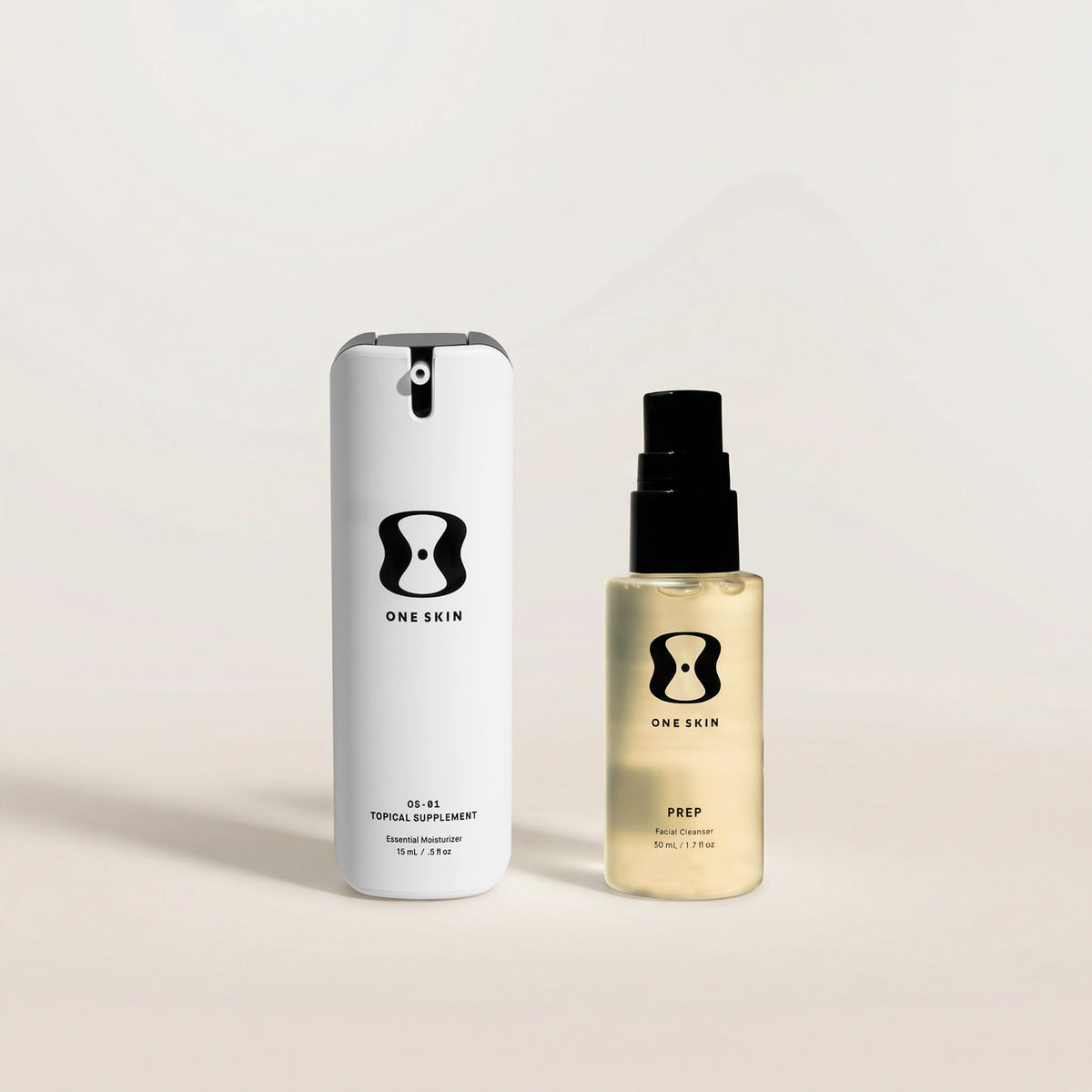 OS-01 FACE and OS-01 PREP travel size products on a beige background