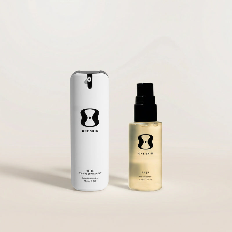 OS-01 FACE and OS-01 PREP travel size products on a beige background