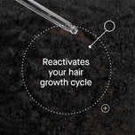 Close-up of hair follicles with a dropper labeled 'Reactivates your hair growth cycle' on a dark background.