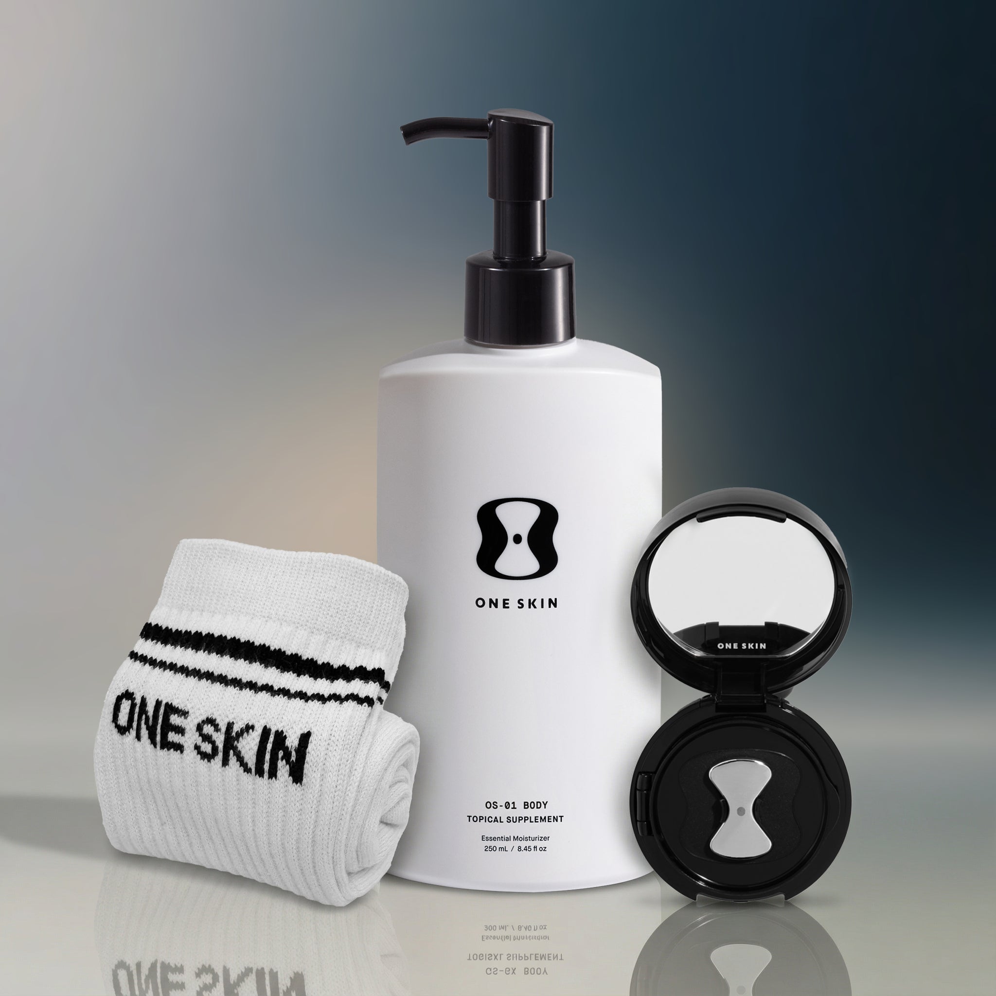 OneSkin product set including the OS-01 BODY product, OneSkin crew socks, and OS-01 LIP MASK product on a gradient background.