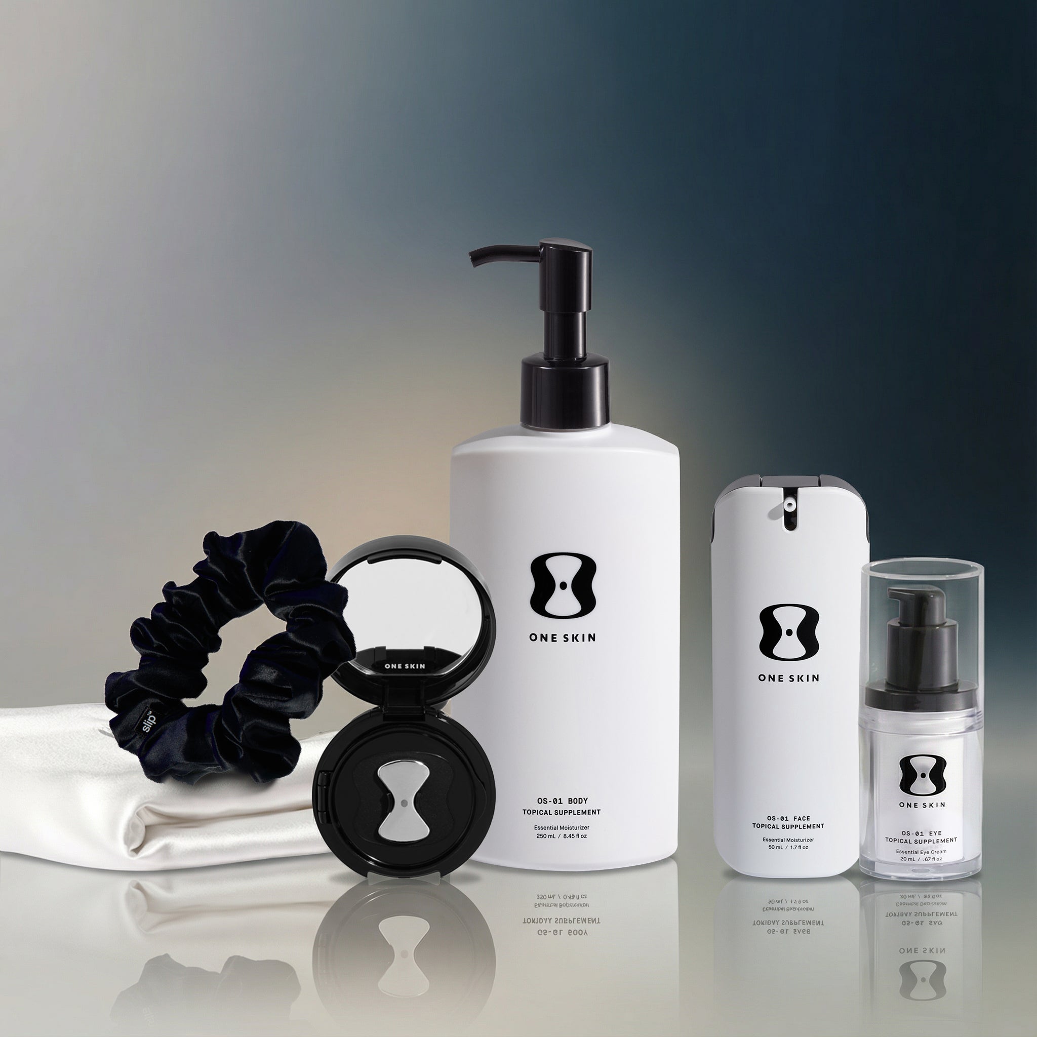 Skincare products with 'OneSkin' branding on a reflective surface with gradient background