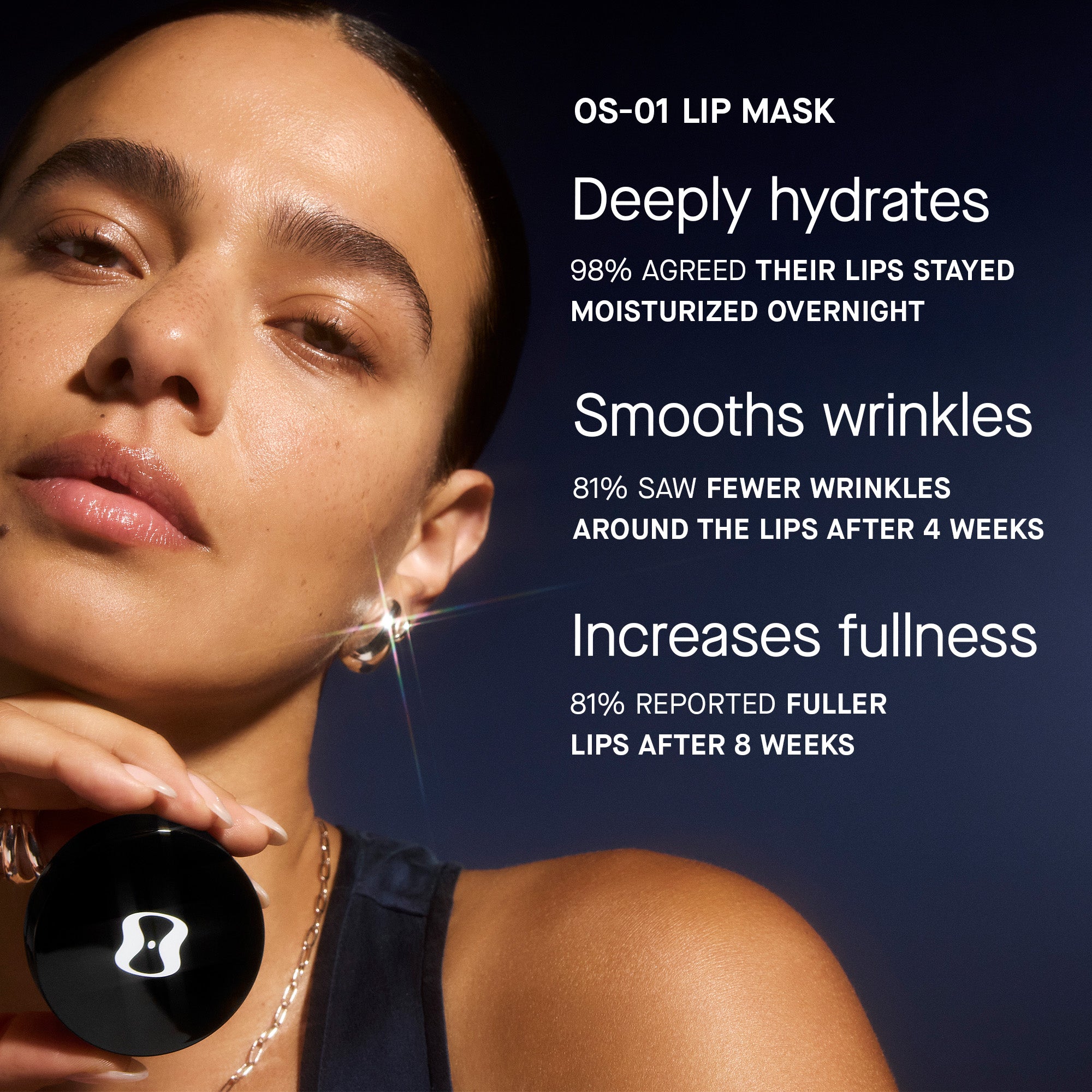 Lip mask product with user testimonials on a dark background