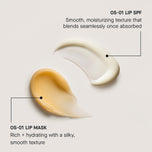 Two lip products, OS-01 Lip Mask and OS-01 Lip SPF, on a light gray background with text describing their textures.