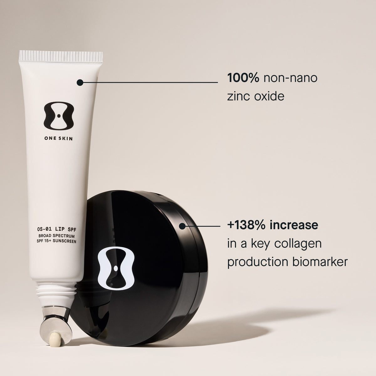 One Skin sunscreen tube and black container on a beige background with text about zinc oxide and collagen production.