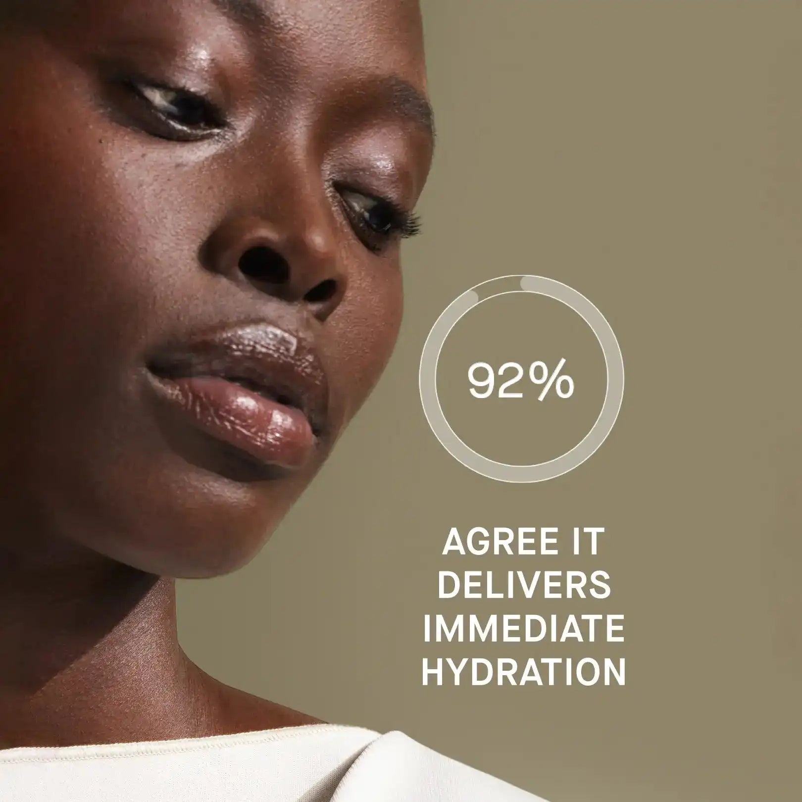 Woman with immediate hydration text on a beige background