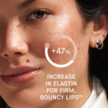 Close-up of a woman's face with text indicating an increase in elastin for firm, bouncy lips.