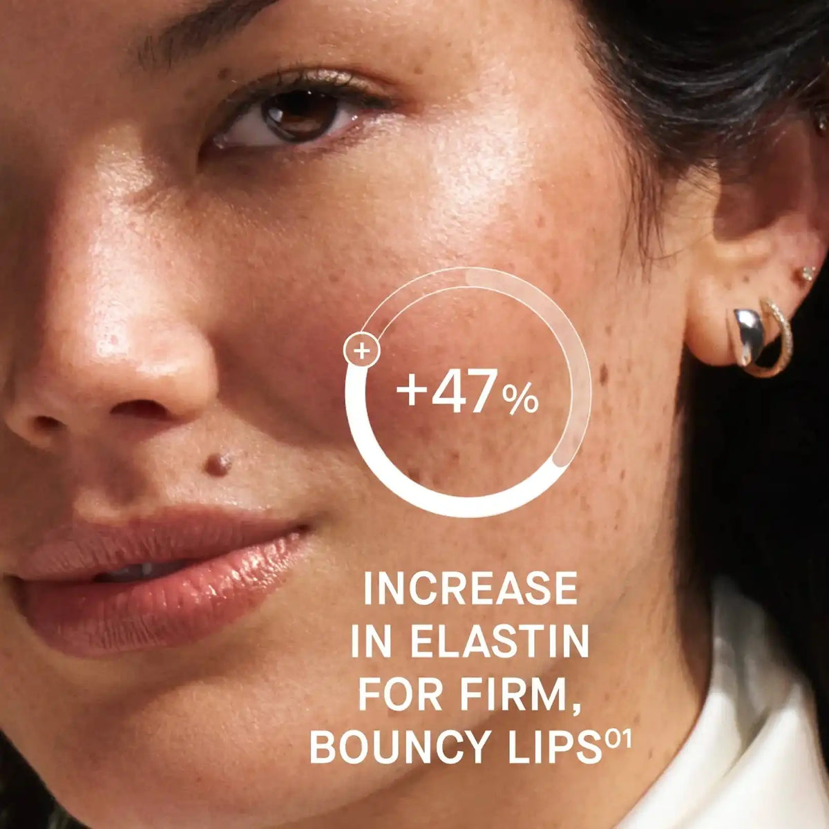 Close-up of a woman's face with text indicating an increase in elastin for firm, bouncy lips.